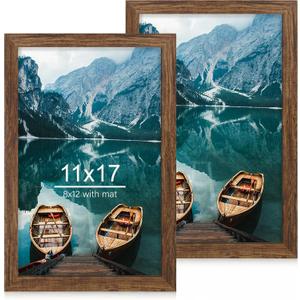 Hongkee 11x17 Frame Set of 2, Rustic Brown Wood Style - Display 11 x 17 Poster without Mat or 8x12 Picture with Mat, Wall Mounting Horizontal and Vertical