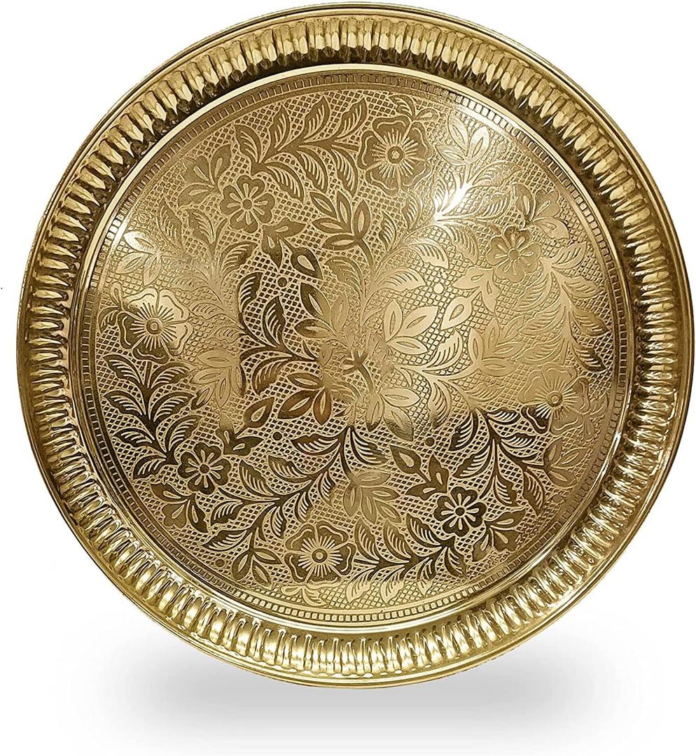 Craftsman 10 Inch Pure Brass Floral Design Pooja Aarti Thali Plate for Mandir, Temple, Indian Festival, Diwali, Aarti Platter for Prayer, Wedding Gift