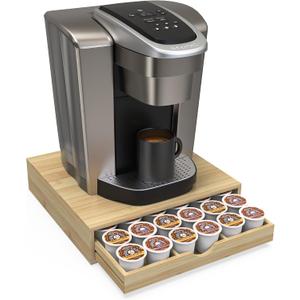 Bamboo Coffee Pod Drawer Organizer Compatible with K-Cups, Under Cabinet Coffee Station Storage Rack, Natural Wood Capsule Holder for 36 Pods, Countertop Coffee Machine Stand