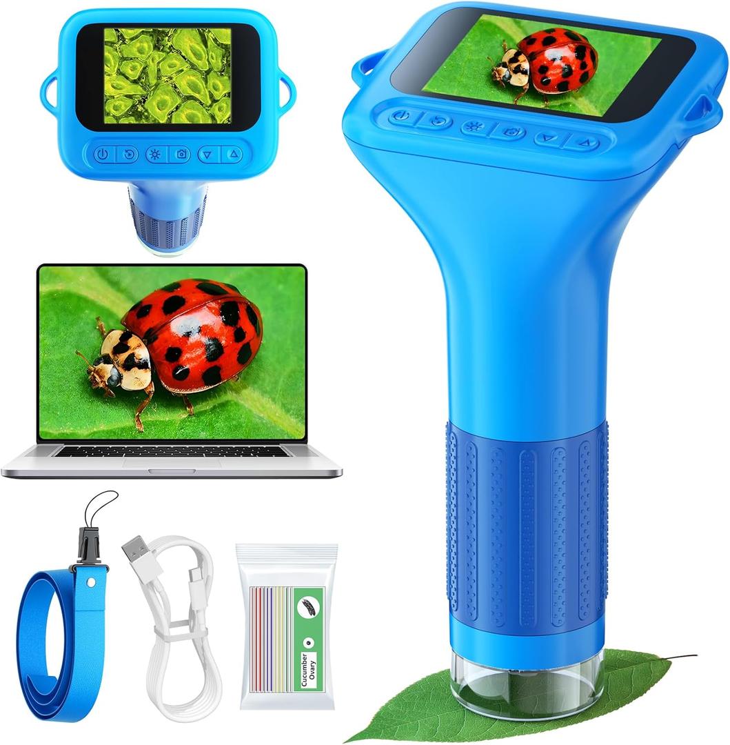 Odatay Microscope for Kids with 12 Slides, 100X-1000X 1080P Digital Handheld Kids Microscope, Mini Portable Pocket Miniscope Science Toys Gifts for 3+ 4 5 6 7 8 9 10 11 12 Year Old Boys Girls, Blue