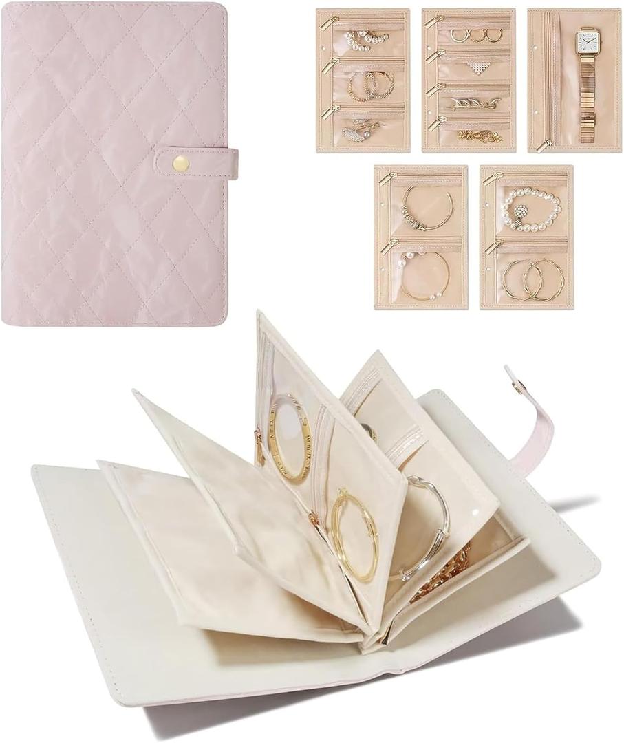 Travel Jewelry Organizer Case, Jewelry Storage Book Ring Binder with Clear Zipper Velvet Pouches for Necklaces, Rings, Earrings, Bracelets Gifts for Women Pink