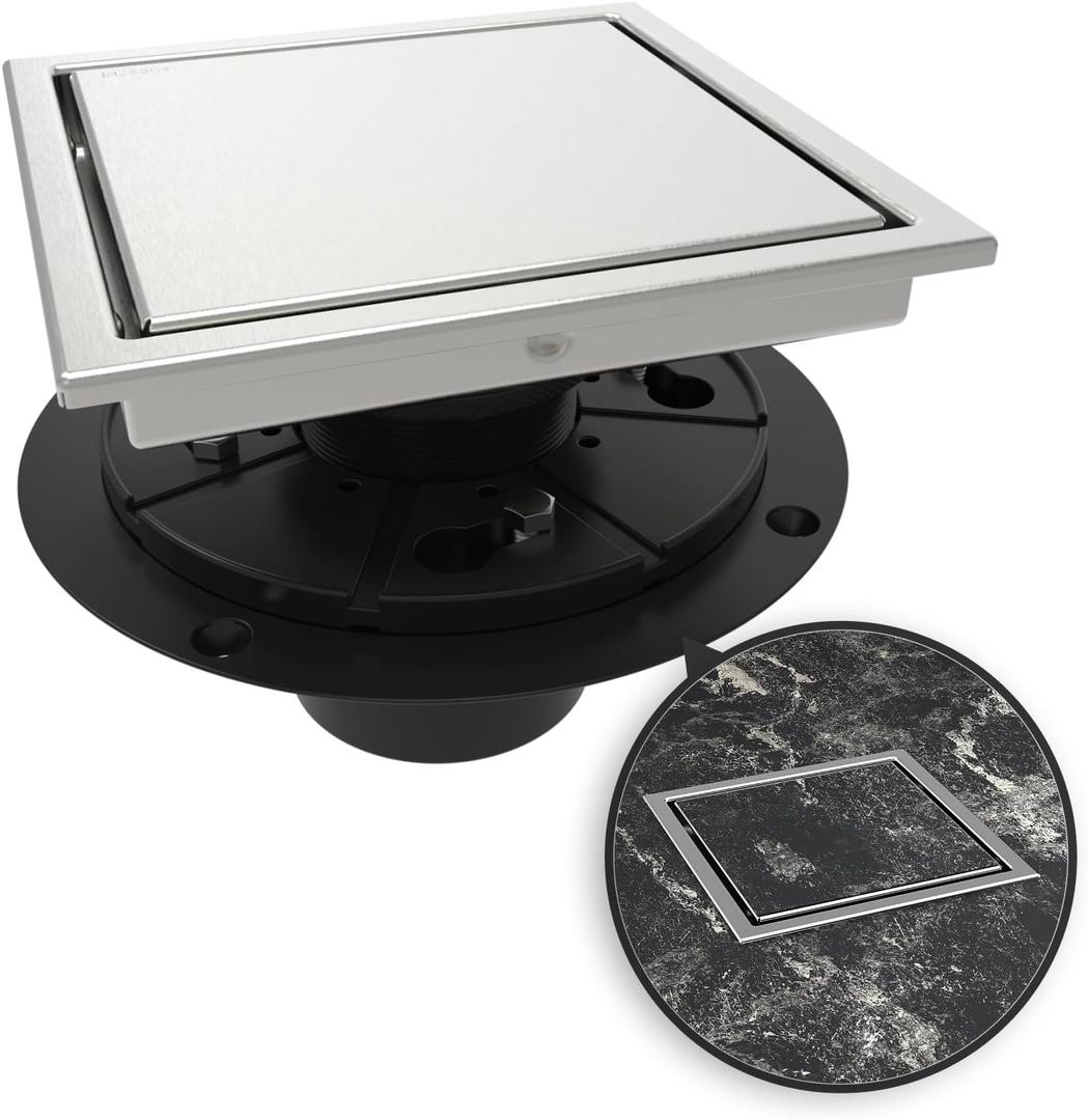 WEBANG 6 Inch Square Shower Drain Brushed Floor Drain with Flange Reversible 2-in-1 Cover Tile Insert Grate Removable SUS304 Stainless Steel CUPC Certified Brushed