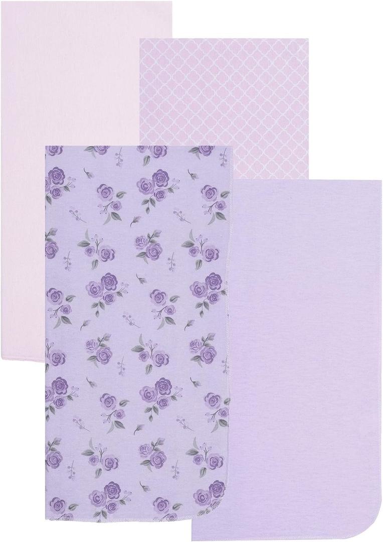 EVERYDAY KIDS 4 Pack of Soft Flannel Receiving Baby Blanket Set for Girls; Pink and Purple Baby Swaddle Blankets with Purple Flower and Diamond Pattern Designs for Newborn Baby Girl Nursery