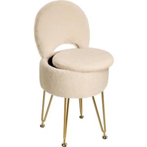 GREENSTELL Small Vanity Stool Chair with Storage and Folding Back, 13" x 13" x 17.7" Faux Fur Soft Ottoman for Teenager, 4 Metal Legs with Anti-Slip Feet, Furry Padded Seat for Makeup, Bedroom, Camel