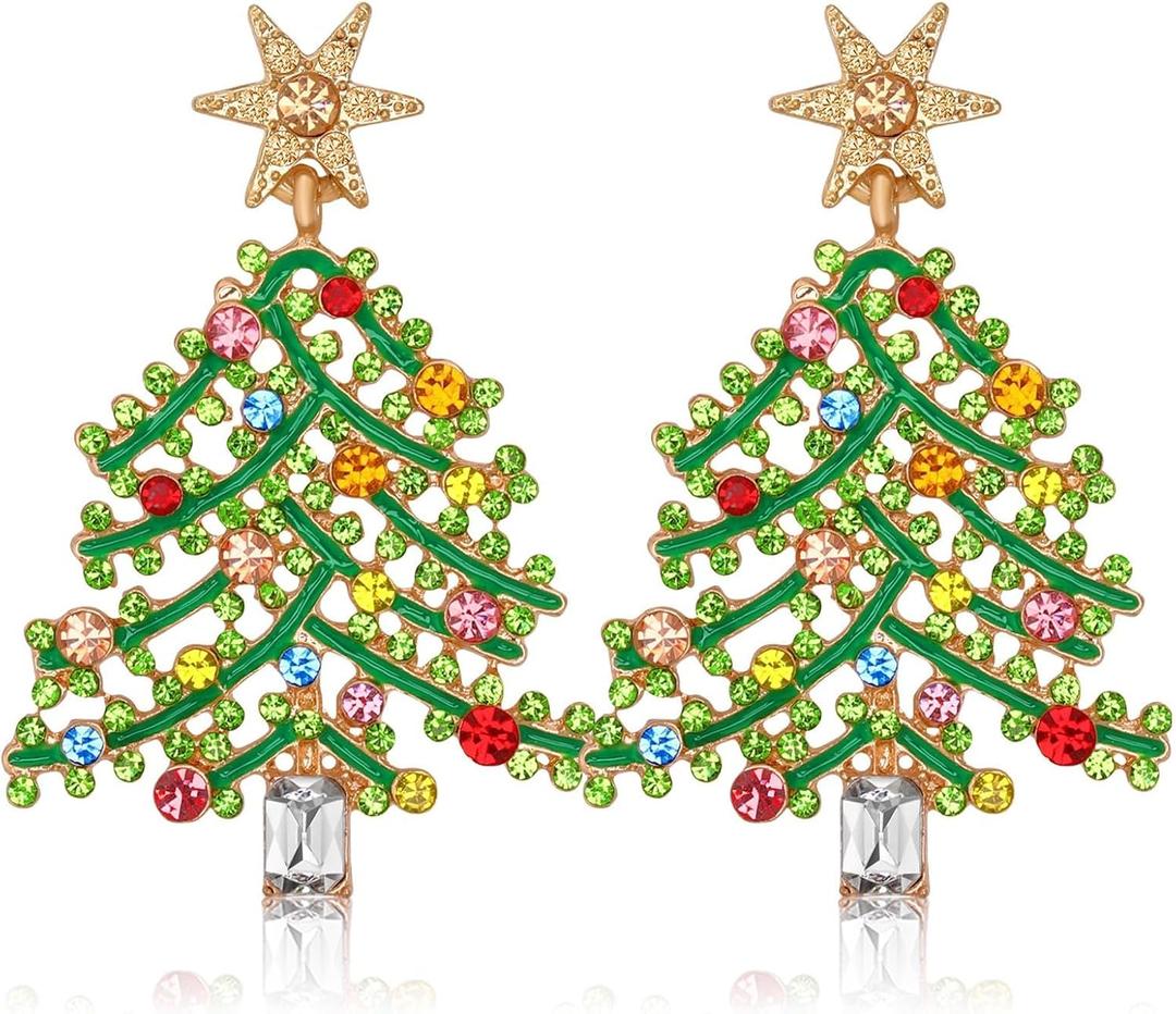 DTOFOOT Christmas Enamel Earrings, Christmas Tree Sparkly Crystal Stud Earrings Beaded Xmas Dangle Earrings for Costume Party Earrings Holiday Festive Jewelry