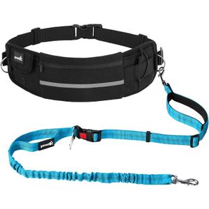 Pecute Hands Free Dog Leash with Pouch, Waist Belt Fanny Pack with Soft Padds, Dual Padded Handles and Durable Bungee for Walking, Hiking, Jogging Biking, and Running (Black + Blue 2.0)