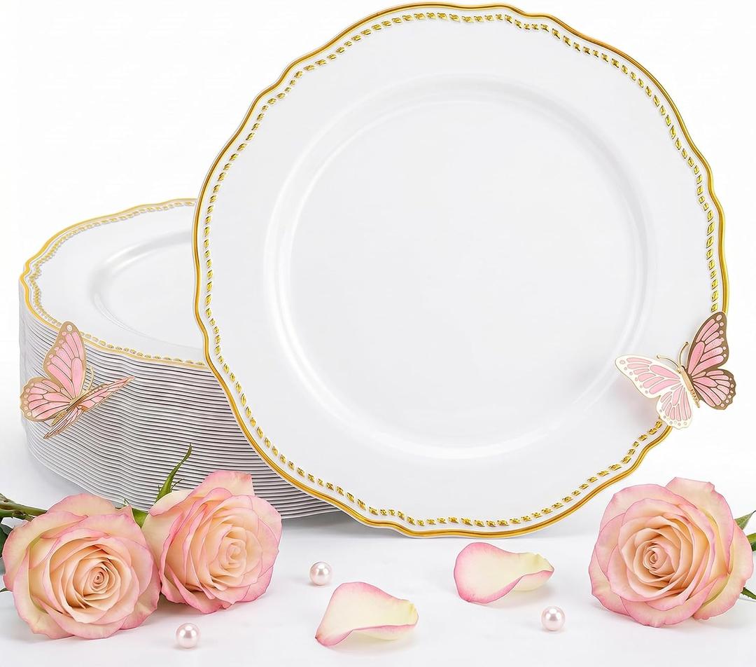 Hioasis 60pcs Gold Plastic Plates - White and Gold Disposable Dinnerware with Gold Rim, Heavy-duty, 10 inch, Dinner Plates for Party & Wedding & Mothers Day