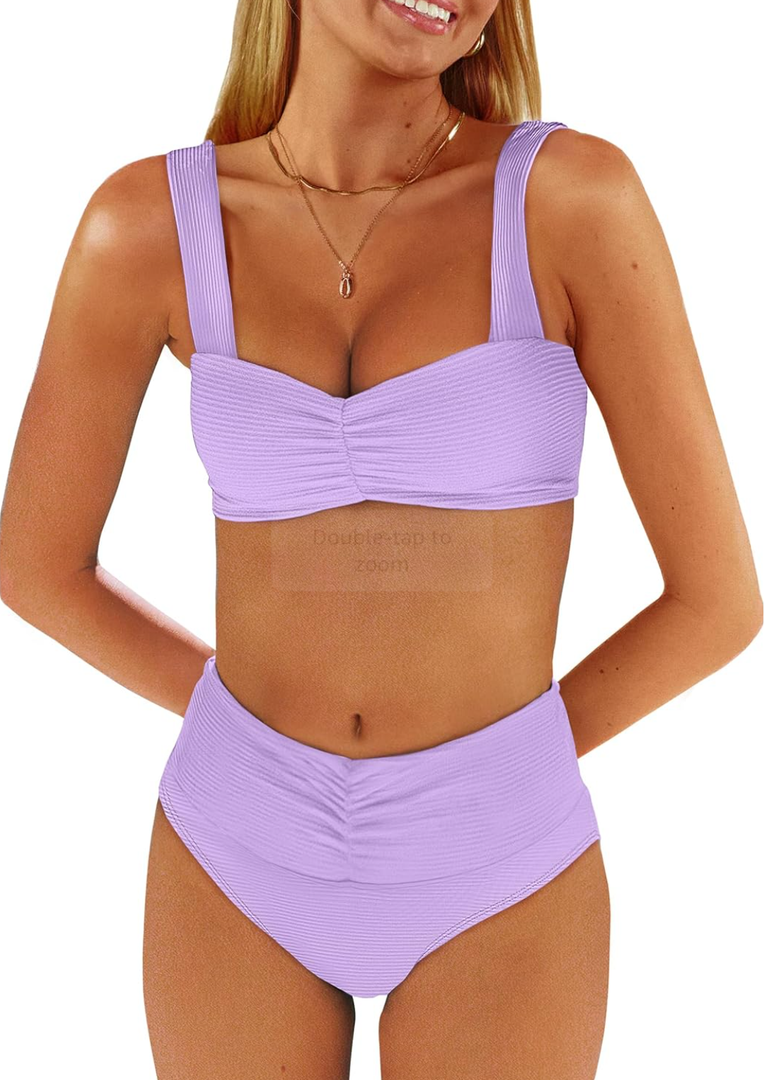 ANRABESS Bathing Suit for Women Tummy Control Bikini Set 2025 Beach Front Ruched Mid Waist Swimsuit with Adjustable Straps S