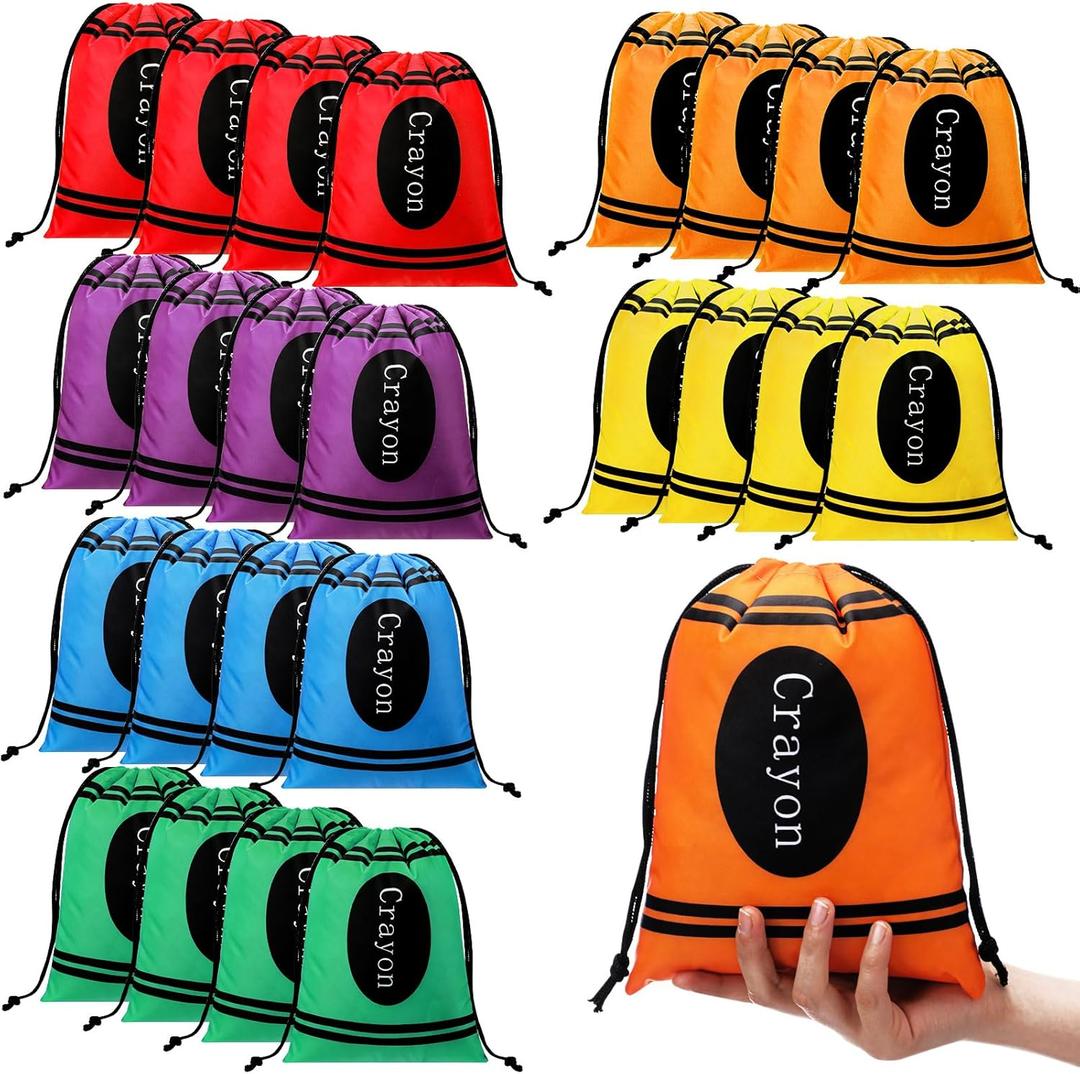 Sweetude 24 Pcs Crayon Drawstring Bags 10 x 7 Inch Back to School Party Favor Bulk Preschool Kindergarten Gift Decoration 6 Colors Rainbow Reusable Treat Bags Graduation Birthday Party Supplies (Colorful)