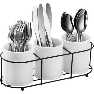Bekith 3-Piece Ceramic Silverware Caddy with Metal Rack, Utensil Holder Flatware Caddy Cutlery Storage Organizer for Kitchen Table, Cabinet or Pantry Bekith 3-Piece Ceramic Silverware Caddy with Metal Rack, Utensil Holder Flatware Caddy Cutlery Storage Organizer for Kitchen Table, Cabinet or Pantry