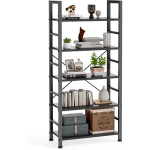 DUMOS 5 Tiers Bookshelf, Classical Book Shelf, Tall Display Shelves in Living Room/Home/Office, Storage Organizer for CDs/Books/Movies, Modern Black