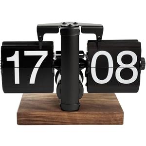 Retro Vintage Flip Desk Clock,Auto Flip Mechanical Digital Clock with Large Numbers, Classic Modern Wood Base Analog Clock Design, for Home,Office,School,Hotel,Cafe Decor(Black,Battery not Included)
