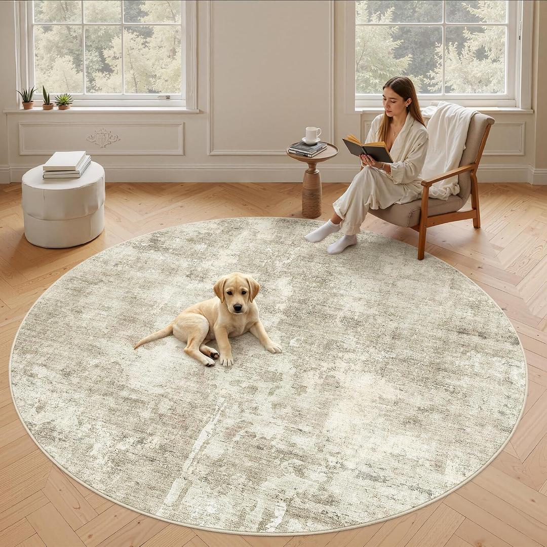 Soalmost Round Rugs 9ft Living Room Circle Area Rug 9x9 Beige/Gray Vintage | Washable Non Slip Abstract Carpet for Apartment, Dining Bedroom, Soft Low Pile Stain Resistant Foldable Floor Mat Entryway