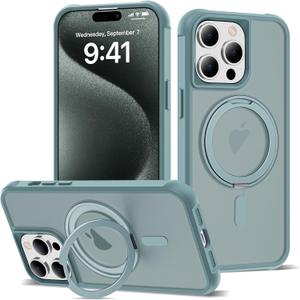 for iPhone 15 Pro Max Case 6.7 Inches 360Rotatable Magnetic Ring Invisible Stand,[Compatible with Mag-Safe] Military Shockproof Frosted Translucent Case,Cyan