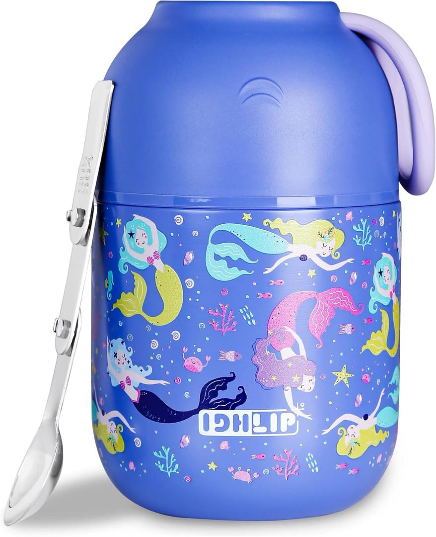 Thermo - Wide Mouth Soup Jar - 17 oz Insulated Food Container with Folding Spoon for Hot & Cold Food - Stainless Steel (Purple) (Mermaid)