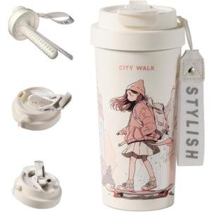 Ceramic Coffee Travel Mug with Lid and Straw, Pure Ceramic Liner not Coated, Insulated Coffee Mug, Leak Proof Tumbler, Cute Coffee Cup for Office Camping-19oz (Girl skater)