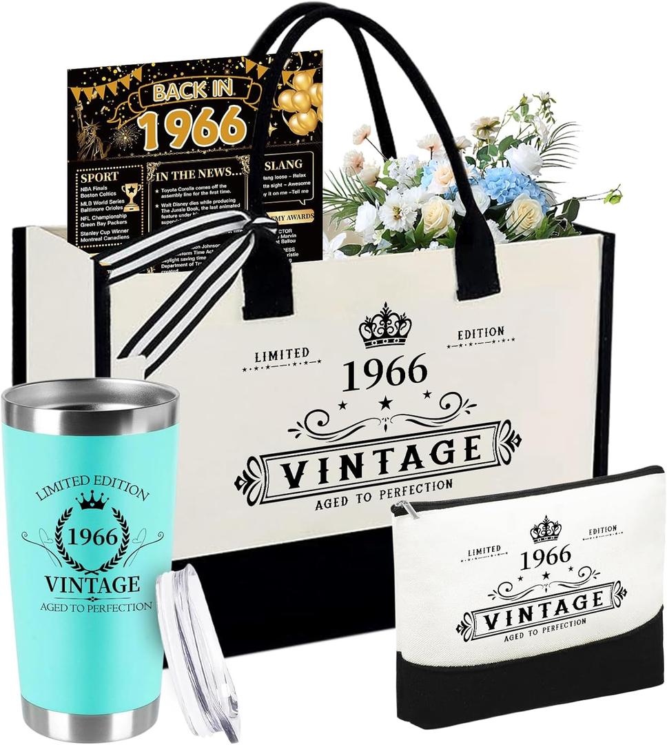 60th Birthday Gifts for Women Her- 4 pcs, Turning 60 Year Old Gifts, Birthday Decorations Canvas Beach Tote Bag & Makeup Bag, Unique Happy 60th Present for Her Mom Wife Friends (Vintage 1966 (60th))