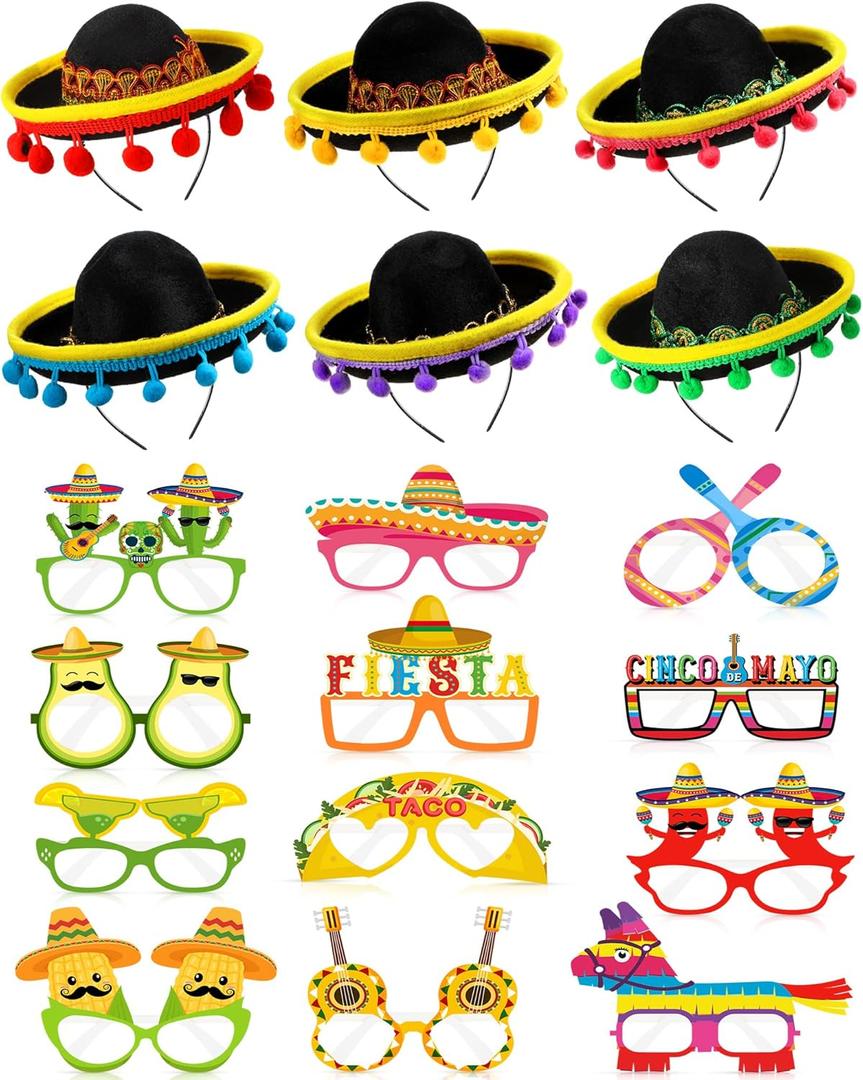 Janinka 18 Pcs Fiesta Mexican Sombrero Hats colorful Headbands Paper Mexican Eyeglasses Cinco De Mayo for Celebrations
