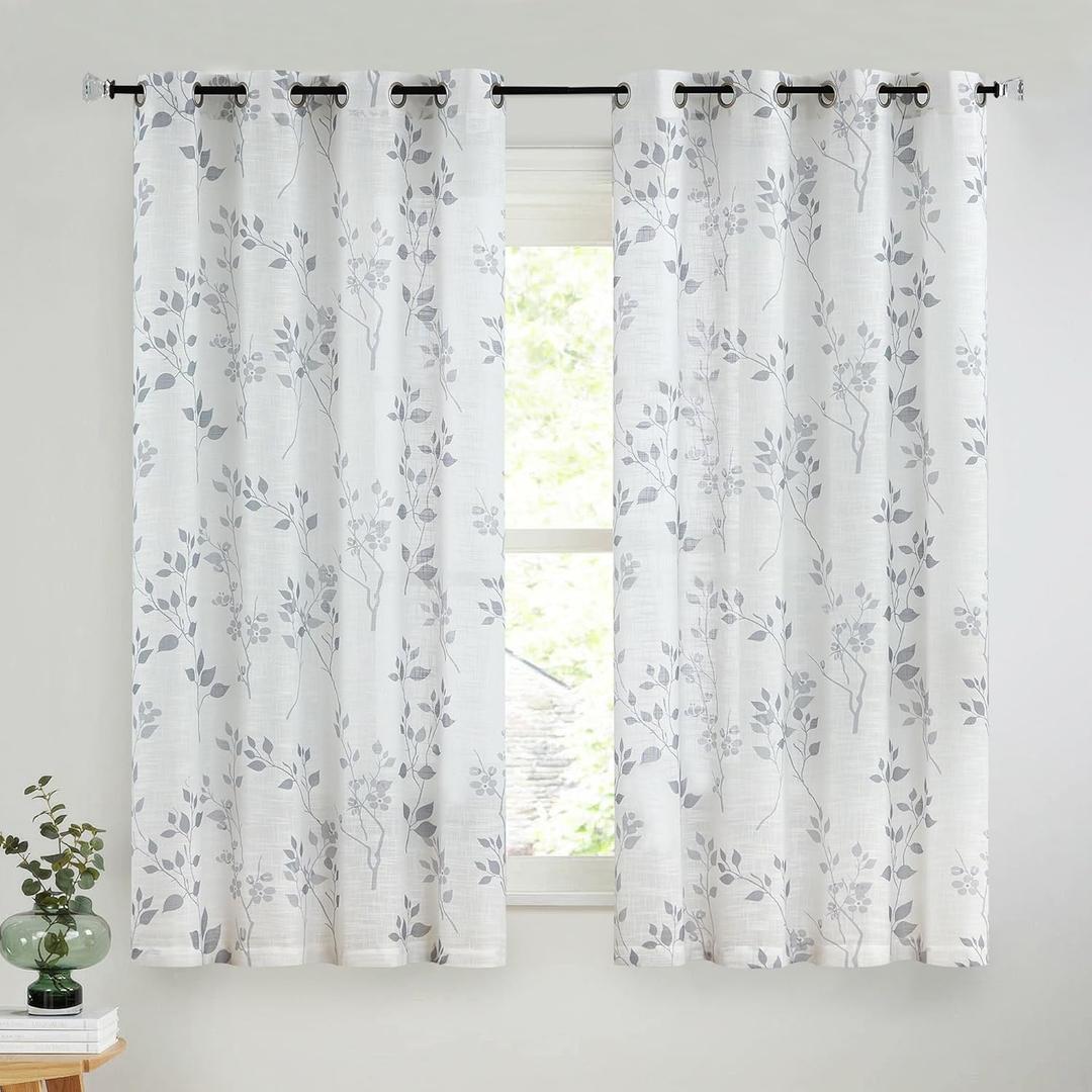 Beauoop Floral Linen Semi Sheer Curtains 63 Inch Length 2 Panels for Living Room Bedroom Grey Farmhouse Flower Patterned Light Filtering Textured Grommet Top Window Treatments Drapes, 50x63, 2 Set
