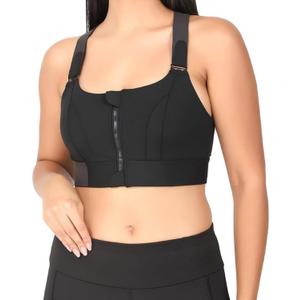 Women Polyester Spandex High Impact Front Zip Sports Bra with Adjustable Strap Longline Fitness Criss Cross Back (Black, XL)