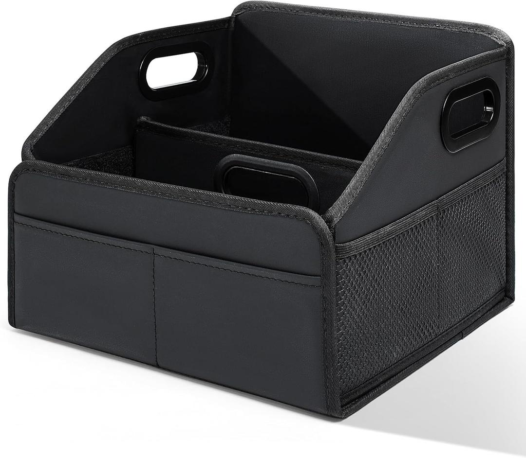 Adullama Car Storage Organizer Reinforced Dividable Leather Car Caddy Basket for Front Seat Floor Back Sturdy Frosted Handle 8 Compartments Adjustable Strap Buckles Slip-Resistant for SUV Truck Black