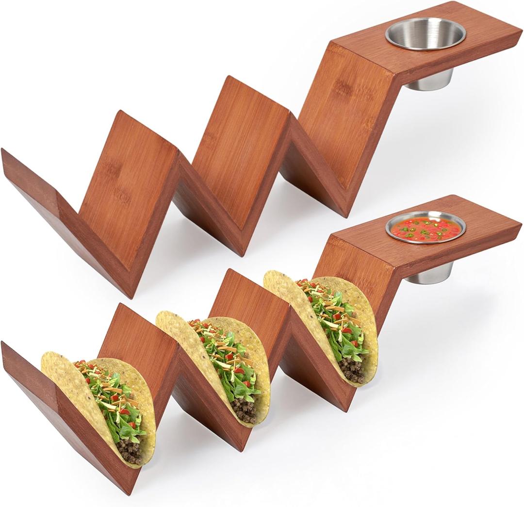 2 Lb. Depot Taco Holder Set of 2 - Durable Bamboo with Walnut Stain Finish - Includes Stainless Steel Bowls - Keeps Tacos Upright and Tidy - Perfect for Parties and Social Media