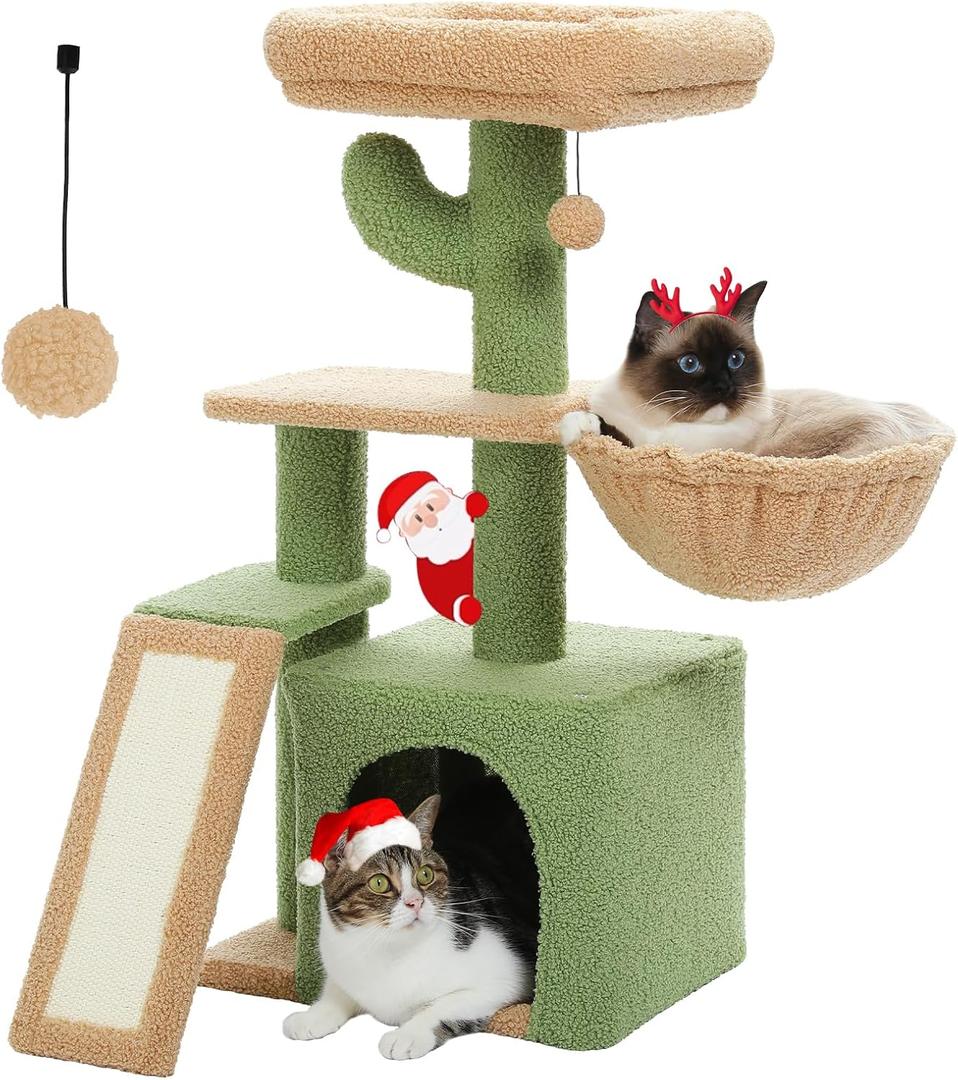 PETEPELA Cactus Cat Tree for Indoor Cats, 32'' Small Cat Tower Cat Condo with Sisal Scratching Ramp, Cozy Hammock and Removable Top Bed Perch for Kittens, Green
