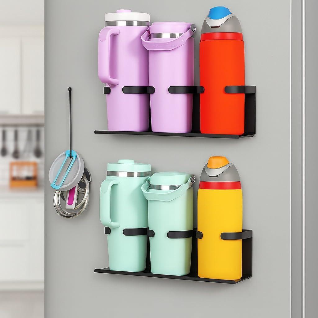 2 Pack Magnetic Cup Holder for Stanley, 30 & 40 oz Tumbler Organizer with Handle, Strong Fridge & Wall Mount Water Bottle Organizer for Refrigerator, Gifts Ideal (6 Cups) (Black)