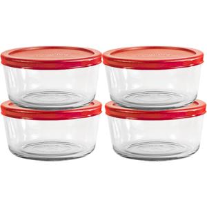 Anchor Hocking SnugFitTM Round Food Storage Containers with Lids (4-Piece, 7-cup, Red, oven-safe)