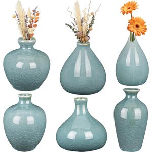6 Pcs Green Mini Ceramic Bud Vase Vintage Flower Vases Ice Cracked for Farmhouse Rustic Boho Style Table Shelves Home Office Decor Gifts(Classical,Green)