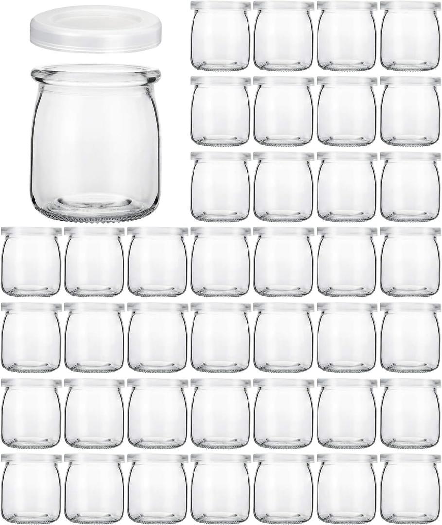 Glass Jars, KAMOTA 40 PACK 6 oz Clear Jars With PE Lids for Pudding, Yogurt, Jam, Honey, Wedding and Shower Favors(200ml) (200ml)