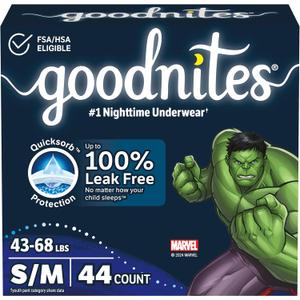 Goodnites Boys' Nighttime Bedwetting Underwear, Size S/M (43-68 lbs), 44 Ct (2 Packs of 22), Packaging May Vary (Small/Medium)