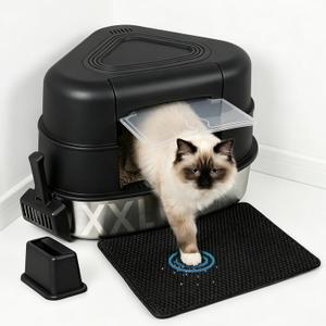Stainless Steel XXL Corner Cat Litter Box with Lid, Enclosed Hidden Space Saving Design, High Sided Cat Toilet Covered Litter Pan for Large Cats, Black