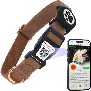 Airtag Dog Collar with QR Code Buckle, Leather Dog Collars with Waterproof Air Tag Holder Adjustable Soft Padded Fit for Girl/Boy/Small/Medium/Large Pet (Brown, Small Dogs)