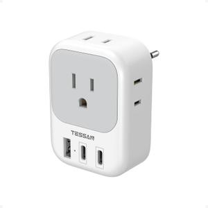 European Travel Plug Adapter, TESSAN US to Europe Plug Adapter with 2 USB C 1 USB A Port and 4 AC Outlets, Type C Plug Adaptor for EU Italy Spain France Portugal Iceland Greece Germany Turkey Denmark