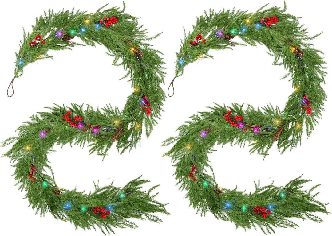 9FT Norfolk Pine Garland with Lights, 2 Pcs Realistic Christmas Garland Decoration Prelit Real Touch Cedar for Mantle Fireplace Outdoor Indoor Decorations