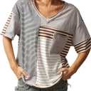 SOLY HUX Women's Striped Print T Shirts Vintage V Neck Short Sleeve Summer Tee Tops with Pocket (S)