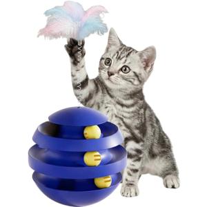 Interactive Cat Toy, Automatic Spinning Cat Toy for Indoor Cats, Engaging Kitten Toy with Feather for Exercise & Mental Stimulation, 3-Layer Cat Ball Track Durable Safe Toy to Reduce Boredom(Blue)