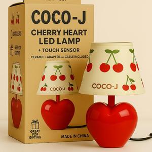 COCO-J Heart Cherry Lamp, Cute Room Decor Light, Touch Dimmable LED Table Lamp, Ceramic Cherry & Heart Aesthetic Bedroom Lamp for Home Decor, Kids Room Decor, Teens & Adults, Kawaii Red Light & Gift