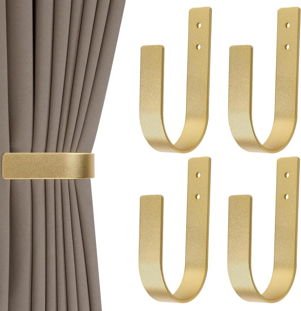 Groleca 4 Pack Modern Curtain Holdbacks Curtain Tiebacks Wall Mount Solid Aluminum U Shaped Curtain Wall Hooks Curtain Pull Backs Curtain Holders Curtain Tie Backs for Curtain (4, Gold)