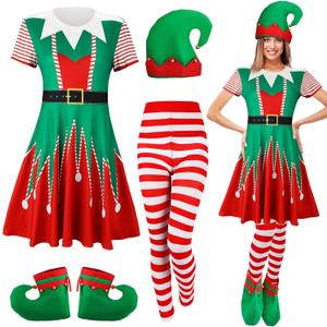 4 Pcs Women Christmas Elf Costume Set Santa's Helper Christmas Dress Elf Hat Striped Tights Shoes for Women (Medium)