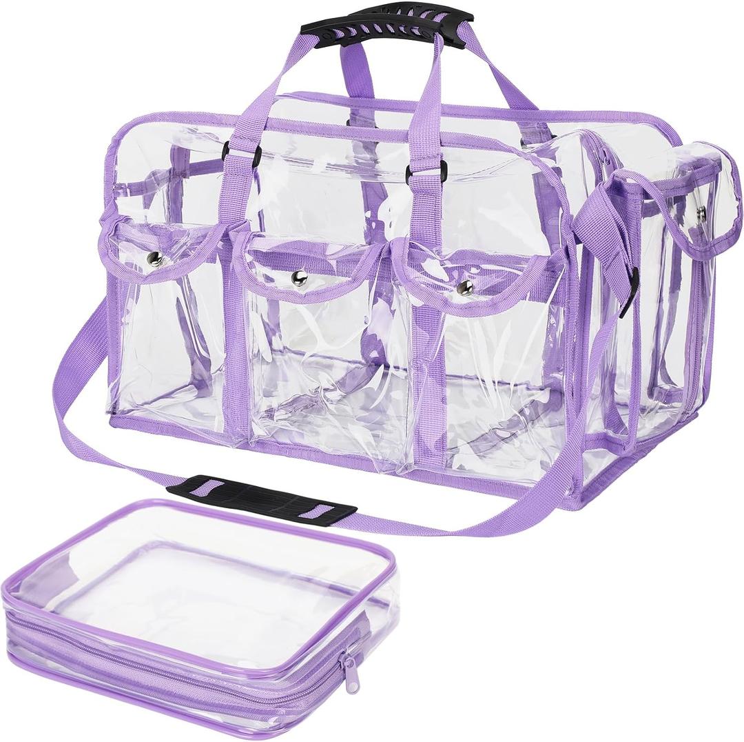 Abbylike 2 Pcs Large Professional Clear PVC Travel Makeup Bag with 4 External Pockets and Shoulder Strap Zippered Toiletry Bags for Women