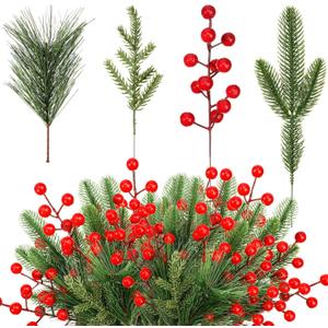 Jexine 100 Pcs Christmas Artificial Pine Needles Branches and Red Berry Stems Fake Greenery Pine Picks Christmas Red Berry Picks Holly Berries Xmas Fake Tree Branches for DIY Garland Wreath