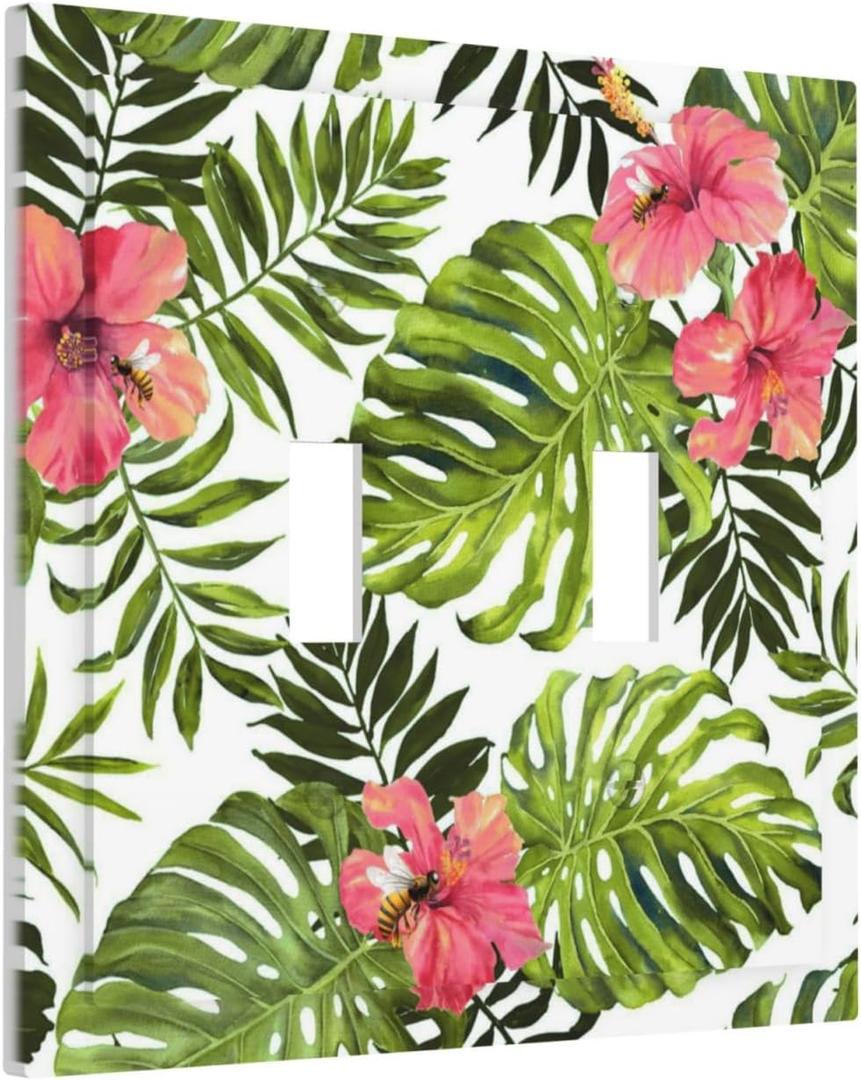 Tropical Plant Green Palm 2 Gang Light Switch Plate Decorative Double Toggle Wall Plate Banana Leaves Pink Flower Rainfores Jungle Botanical Receptacle Switchplate Decorate Home Living Room Bedroom
