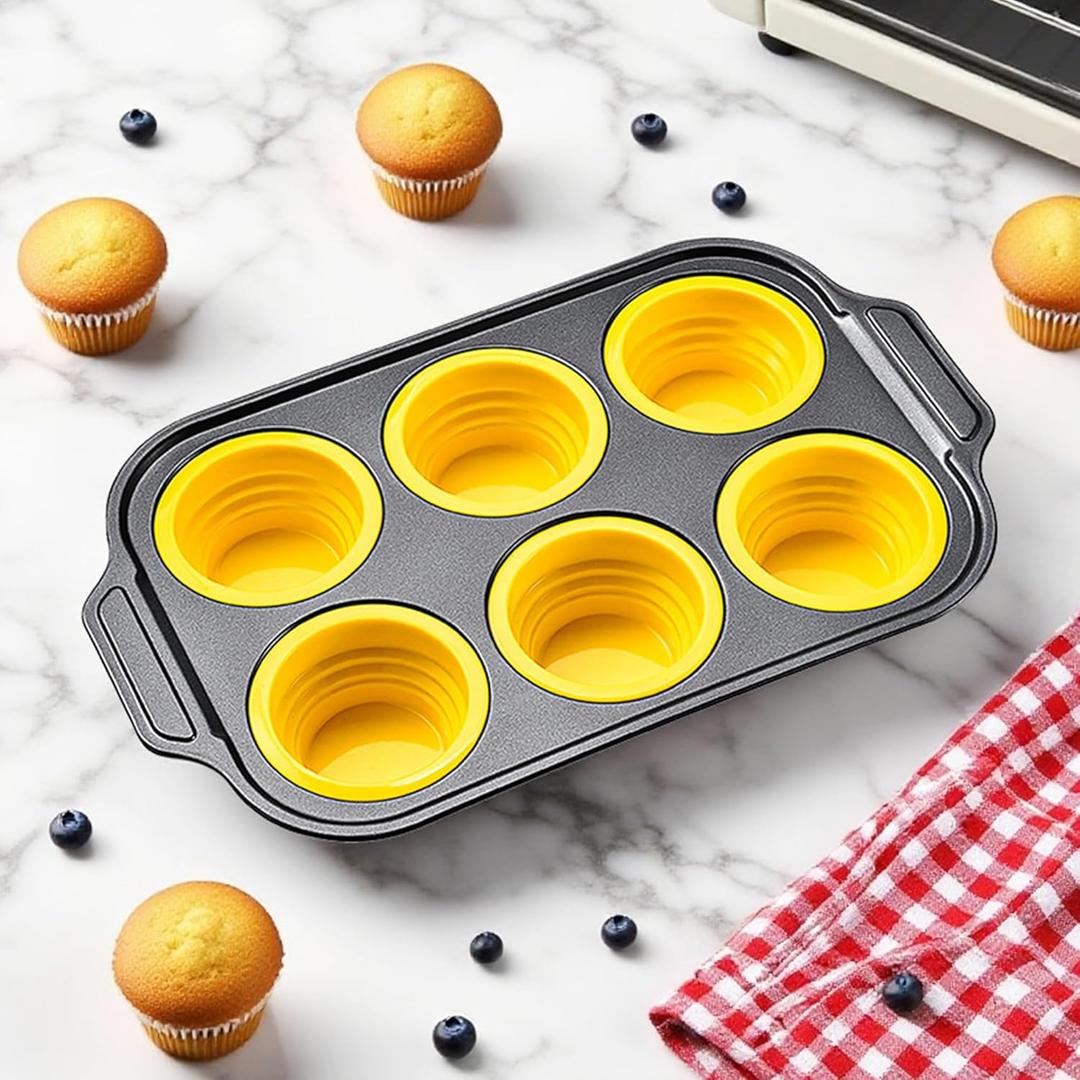 Silicone Muffin Pan for Baking with Metal Frame, 6 Cup Muffin Pan Molds, Non Stick Baking Tray for Ovens, Bakeware with Press to Release Design, Egg Bites Silicone Mold, Dishwasher & Oven Safe, Yellow