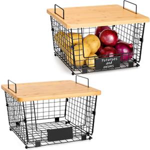 2 Set XXL Stackable Wire Basket with Bamboo Tops & Tag- Pantry Organizer and Storage Bins, Kitchen Counter Cabinet Shelf Countertop Under Sink Organizing, Food Snack Produce Onion Potato Bread Storage