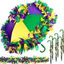 6 Pcs 34.25 Inch Mardi Gras Umbrella Purple Green Yellow Second Line Umbrella with Feather Accent Second Line Parasol for Women Masquerade Costume Outfit Party Favors