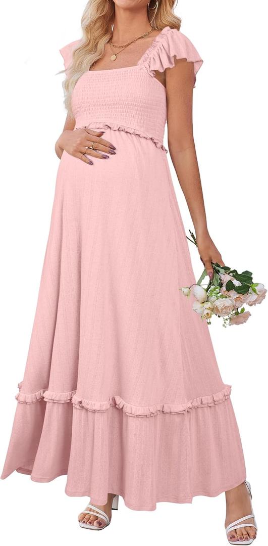 OUGES Womens 2026 Summer Maternity Photoshoot Dress Boho Maxi Smocked Baby Shower Dress Ruffle Sleeve Maternity Clothes (Pink, XXL)