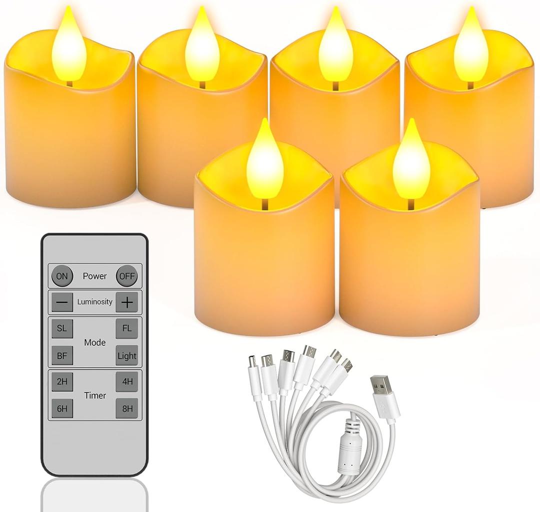 SoulBay 6pcs LED Candles Rechargeable with Remote, 1.5" D x 2.28" H Flameless Flickering Fake Battery Candles with Timer, No Battery Needed, White Electric Small Votives for Lantern Table Home Decor