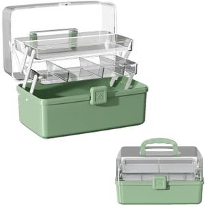 12.9in Three-Layer Multipurpose Storage Box with Handle Portable Tackle Box Folding Art & Craft Case Sewing Supplies Organizer for Makeup, Medicine, Nail, Hair Accessories (Haze Green) (Large)